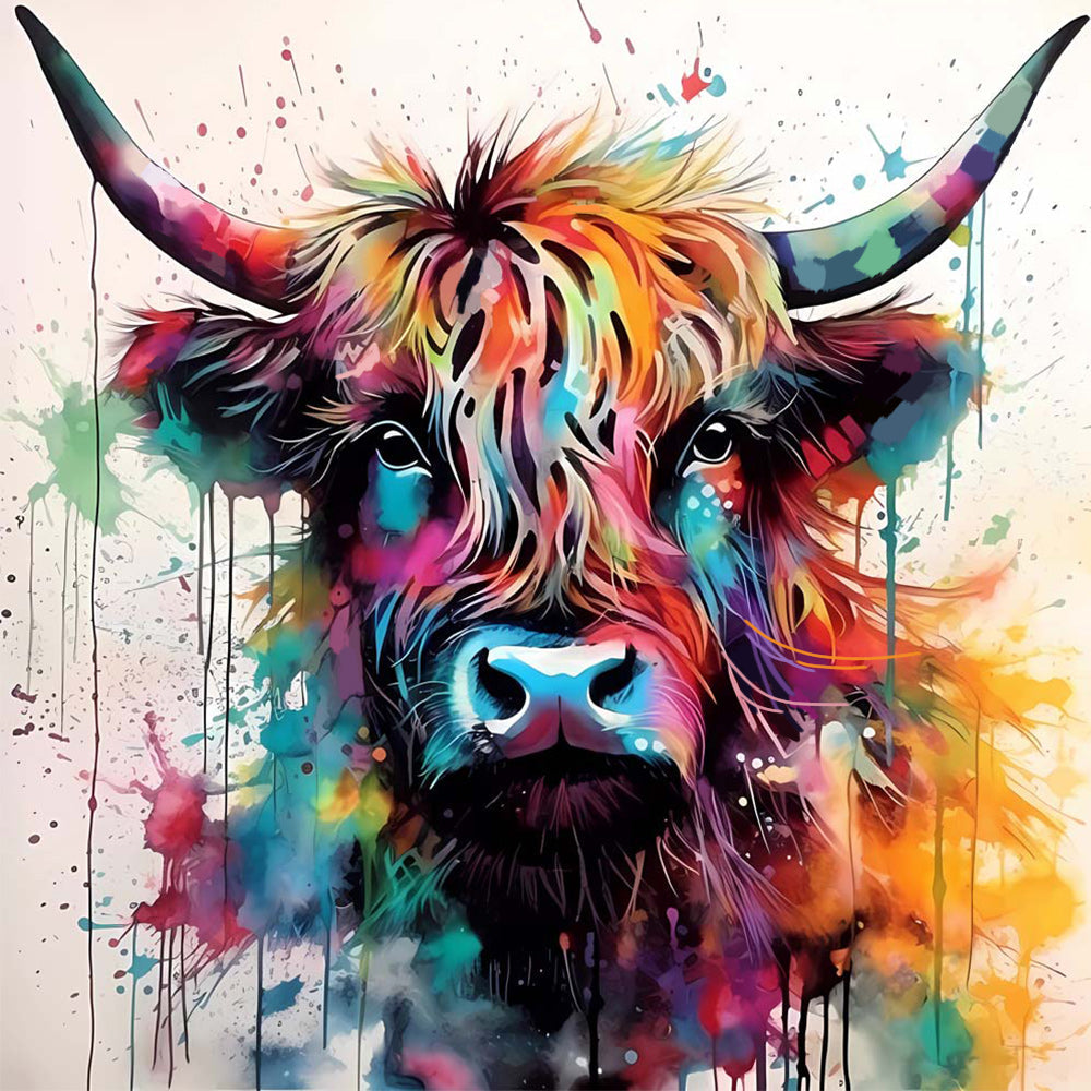 Rainbow highland cow in splash art cross stitch kit for beginners