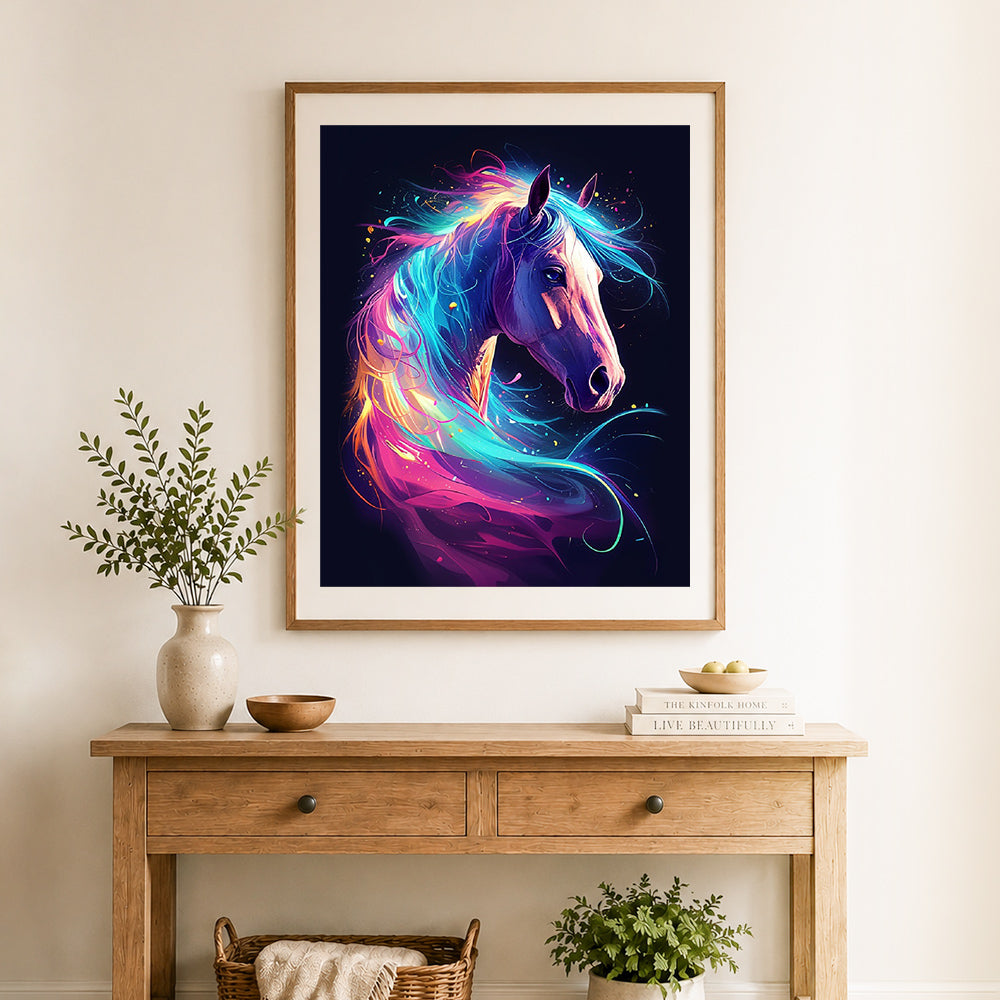 Finished rainbow horse head cross stitch artwork displayed as home decor