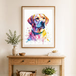 Finished rainbow labrador watercolor art cross stitch artwork displayed as home decor
