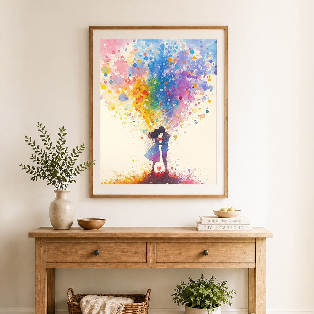 Finished rainbow love cross stitch artwork displayed as home decor