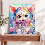 Finished rainbow melody kitty pearl diamond painting artwork displayed as home decor