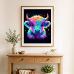 Finished rainbow neon highland calf cross stitch artwork displayed as home decor
