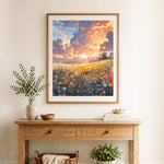 Finished rainbow over vibrant wildflower field with butterflies cross stitch artwork displayed as home decor