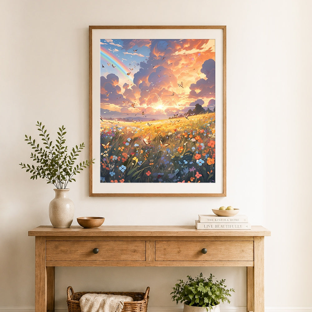Finished rainbow over vibrant wildflower field with butterflies cross stitch artwork displayed as home decor