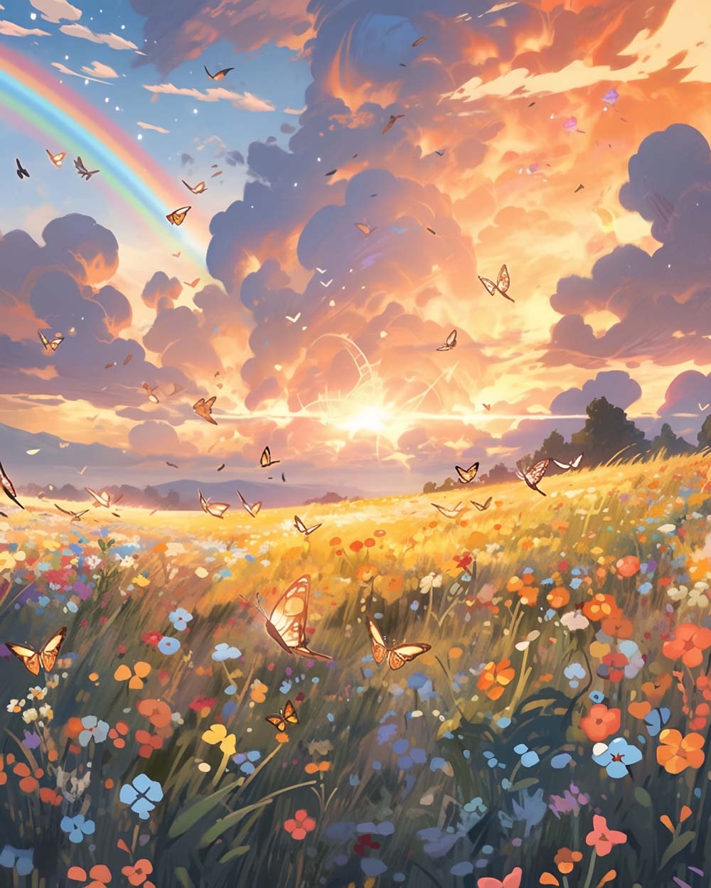 Rainbow over vibrant wildflower field with butterflies cross stitch kit for beginners