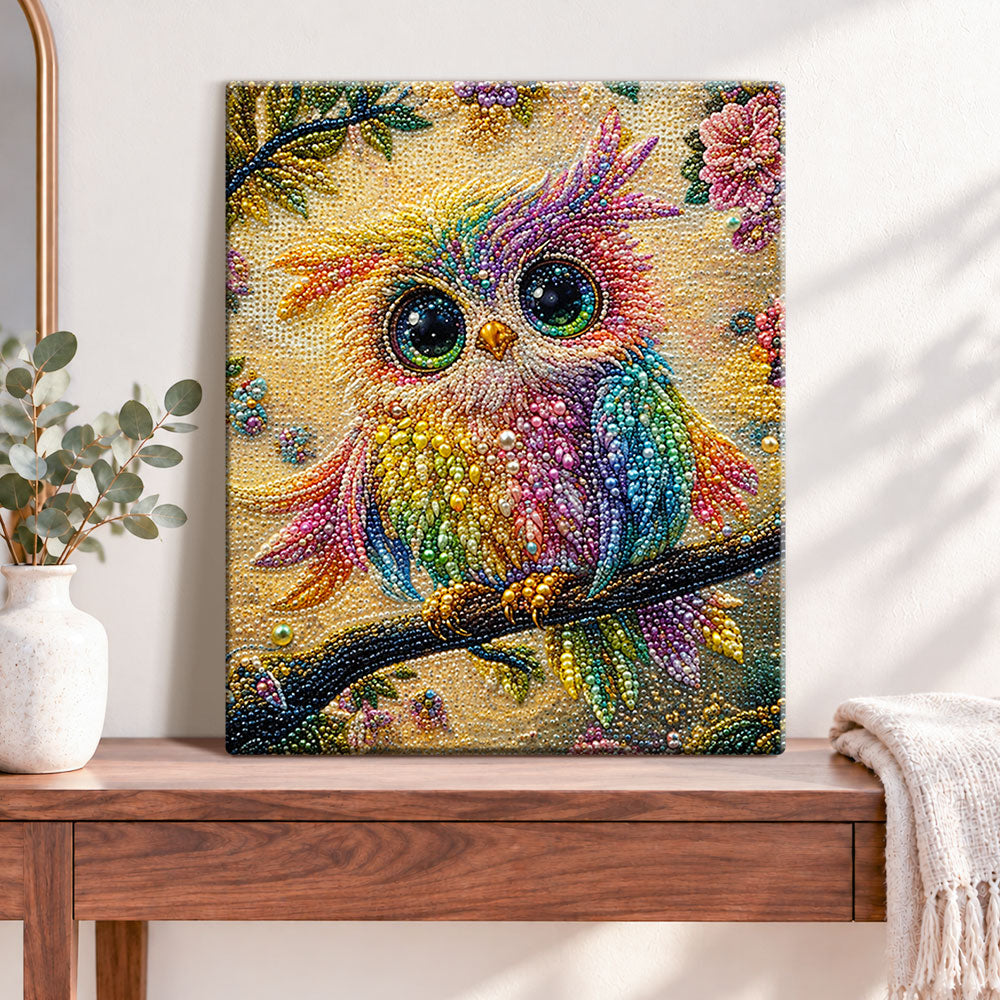 Finished rainbow pearl owl on branch pearl diamond painting artwork displayed as home decor