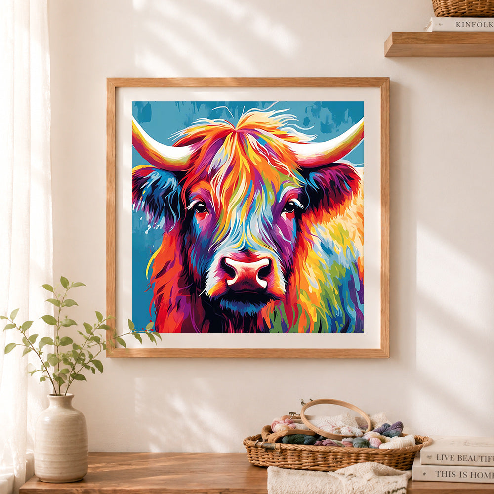 Finished rainbow pop art highland cow head cross stitch artwork displayed as home decor