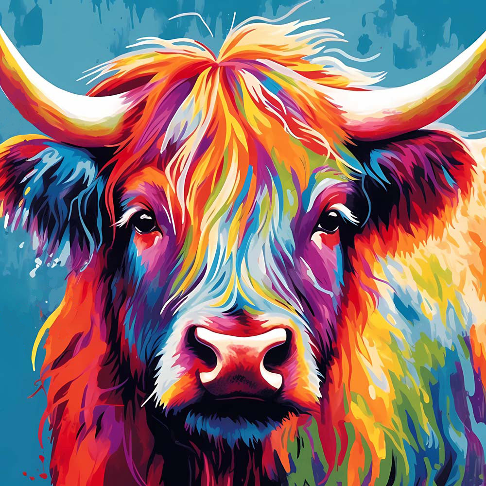 Rainbow pop art highland cow head cross stitch kit for beginners