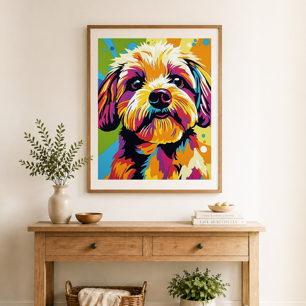 Finished rainbow pop puppy cross stitch artwork displayed as home decor