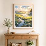 Finished rainbow river valley anime scenery cross stitch artwork displayed as home decor