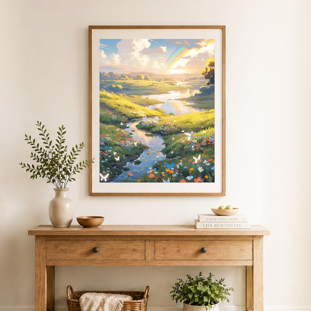 Finished rainbow river valley anime scenery cross stitch artwork displayed as home decor