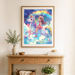 Finished rainbow sky unicorn ride cross stitch artwork displayed as home decor