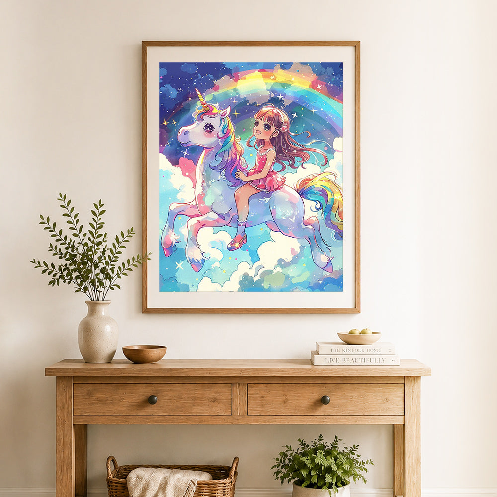 Finished rainbow sky unicorn ride cross stitch artwork displayed as home decor