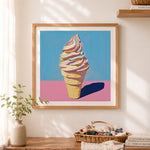 Finished rainbow swirl soft‑serve ice cream cross stitch artwork displayed as home decor