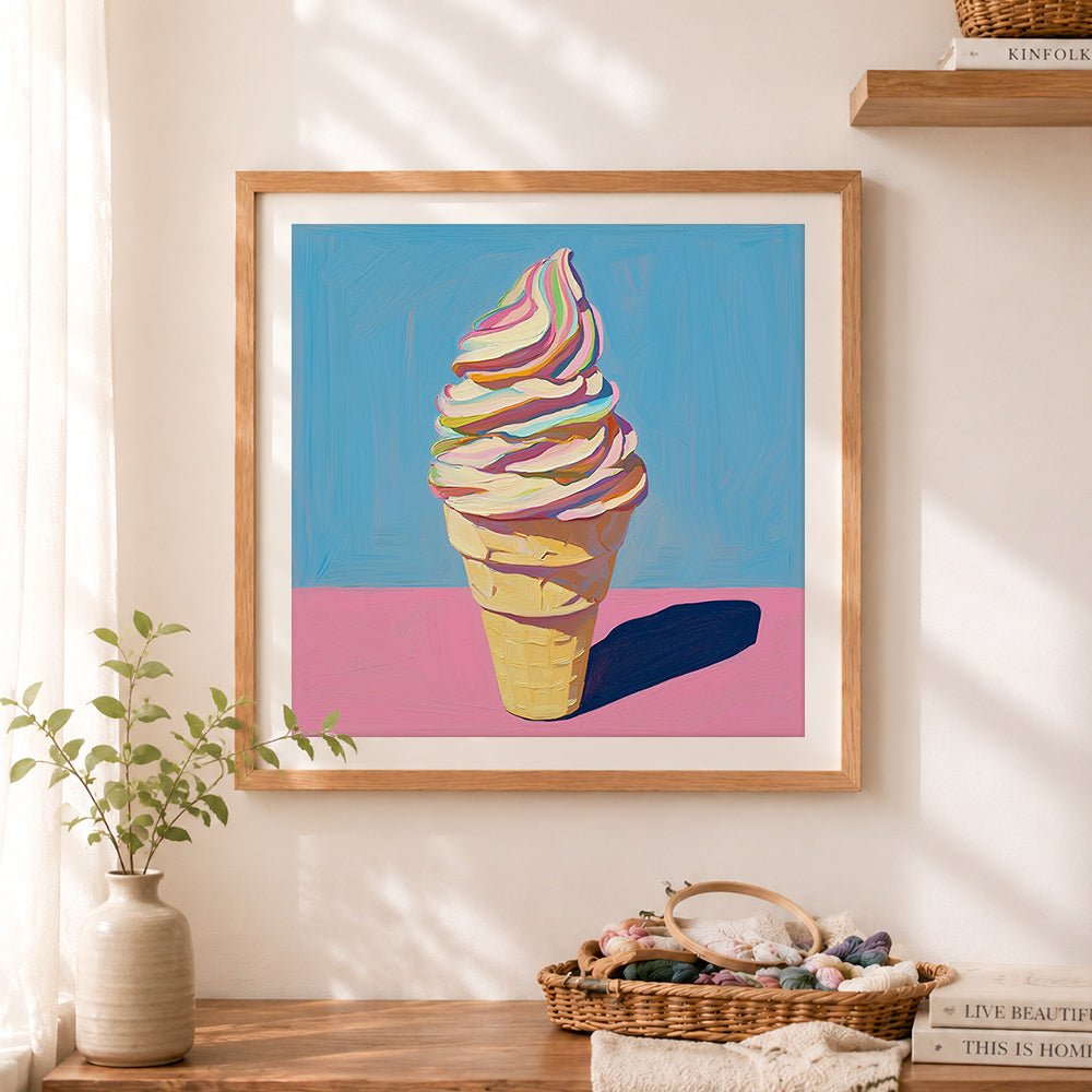 Finished rainbow swirl soft‑serve ice cream cross stitch artwork displayed as home decor