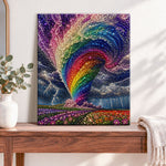 Finished rainbow tornado over flower field pearl diamond painting artwork displayed as home decor