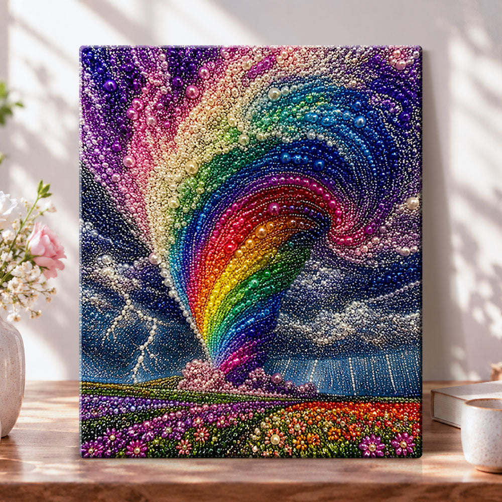 Rainbow tornado over flower field pearl diamond painting kit for beginners