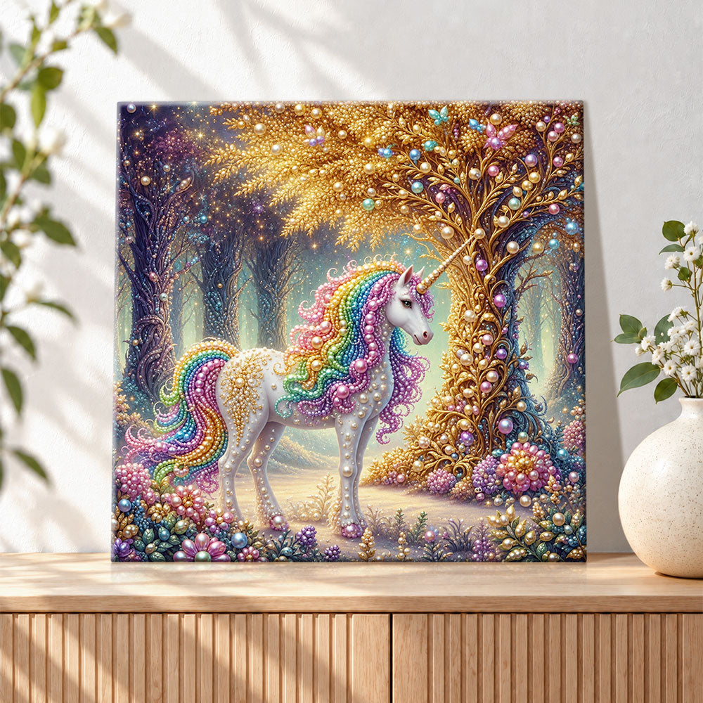 Finished rainbow unicorn in magic forest pearl diamond painting artwork displayed as holiday home decor