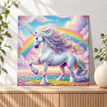Finished rainbow unicorn under bright sky pearl diamond painting artwork displayed as holiday home decor