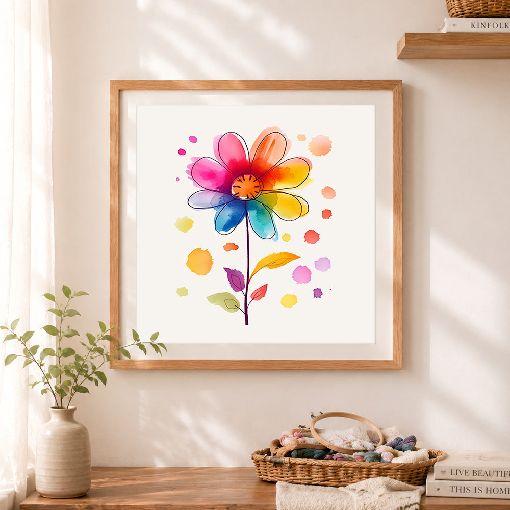 Finished rainbow watercolor daisy cross stitch artwork displayed as home decor