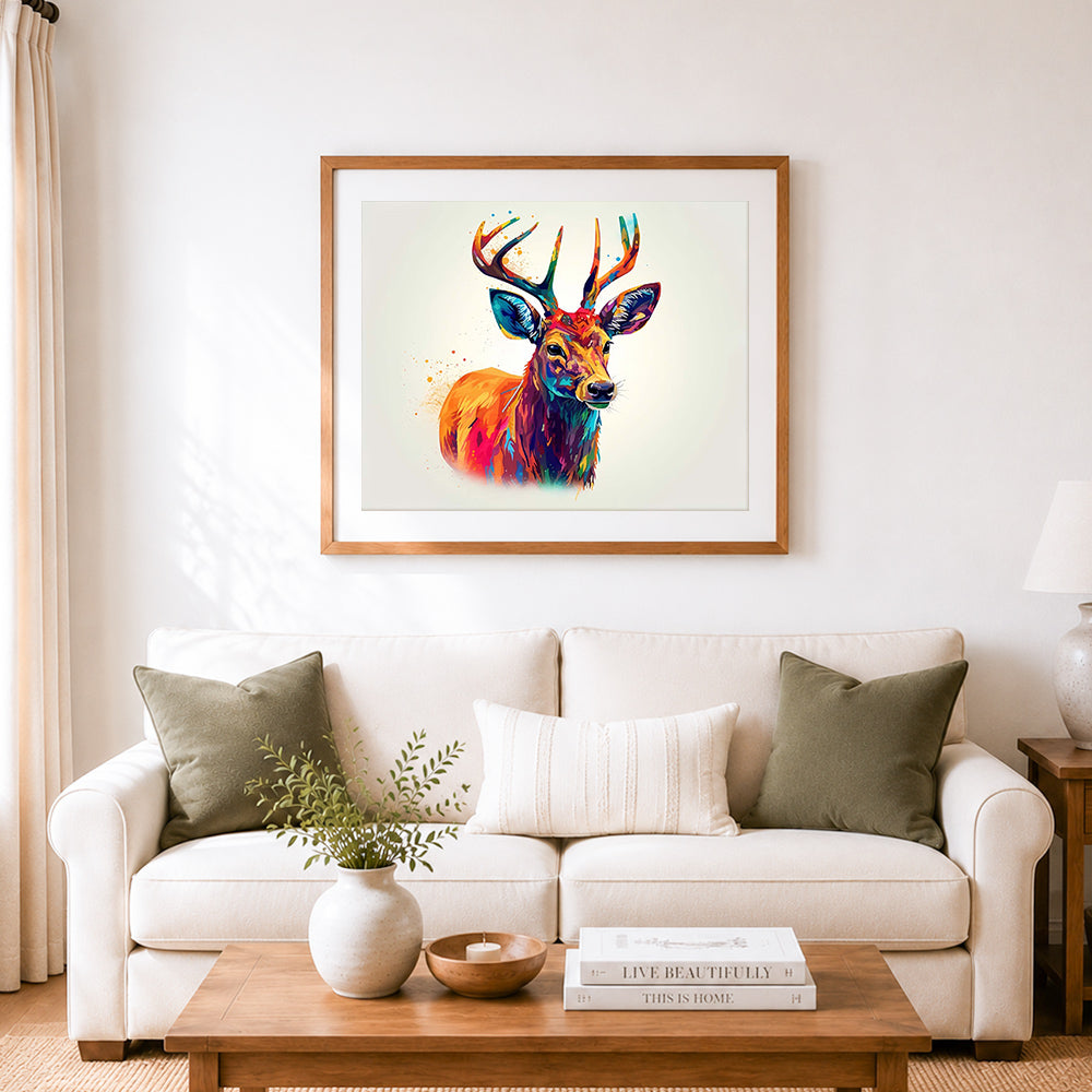 Finished rainbow watercolor deer cross stitch artwork displayed as home decor