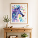 Finished rainbow watercolor horse cross stitch artwork displayed as home decor