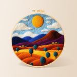 Rainbow wheat fields and mountains needle felting kit for beginners with a round wooden frame
