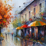 Rainy autumn street with colorful umbrellas cross stitch kit for beginners
