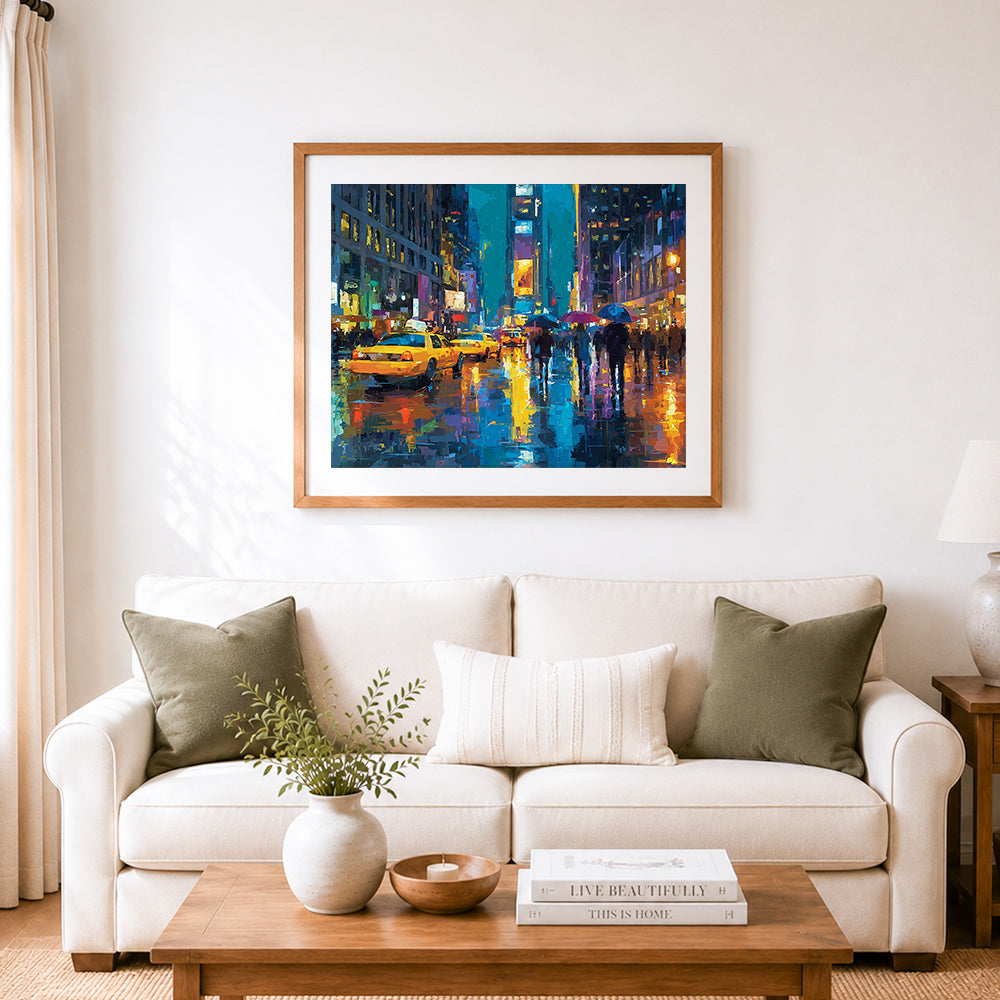 Finished rainy city nightscape cross stitch artwork displayed as home decor