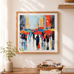 Finished rainy city street scene cross stitch artwork displayed as home decor