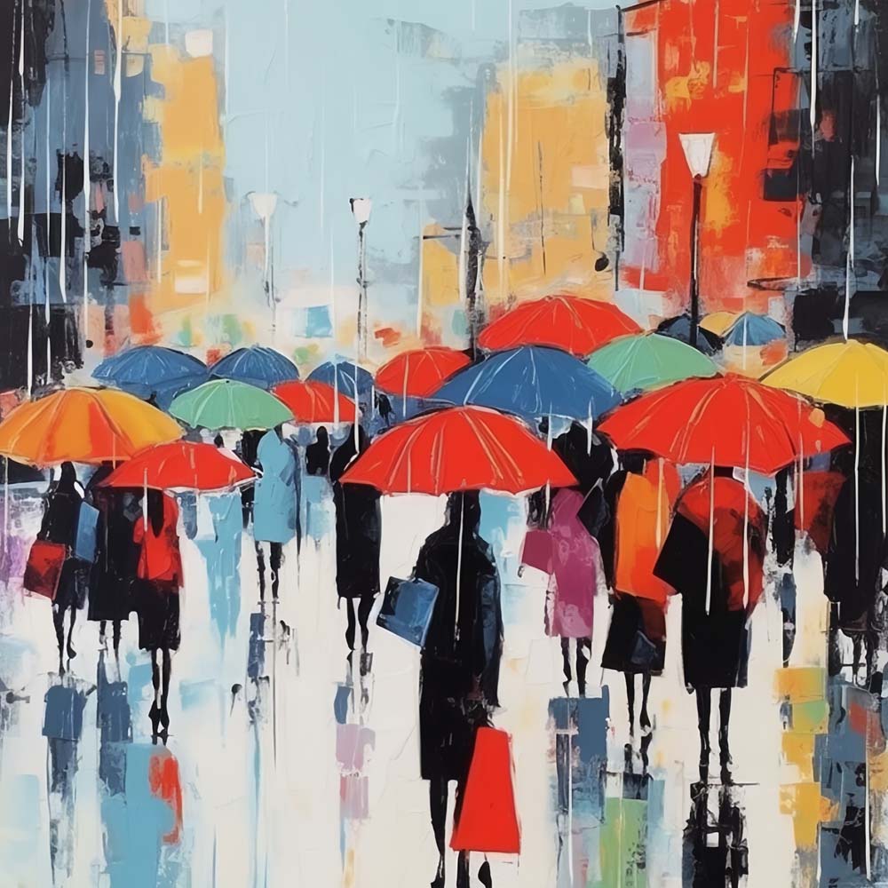 Rainy city street scene cross stitch kit for beginners