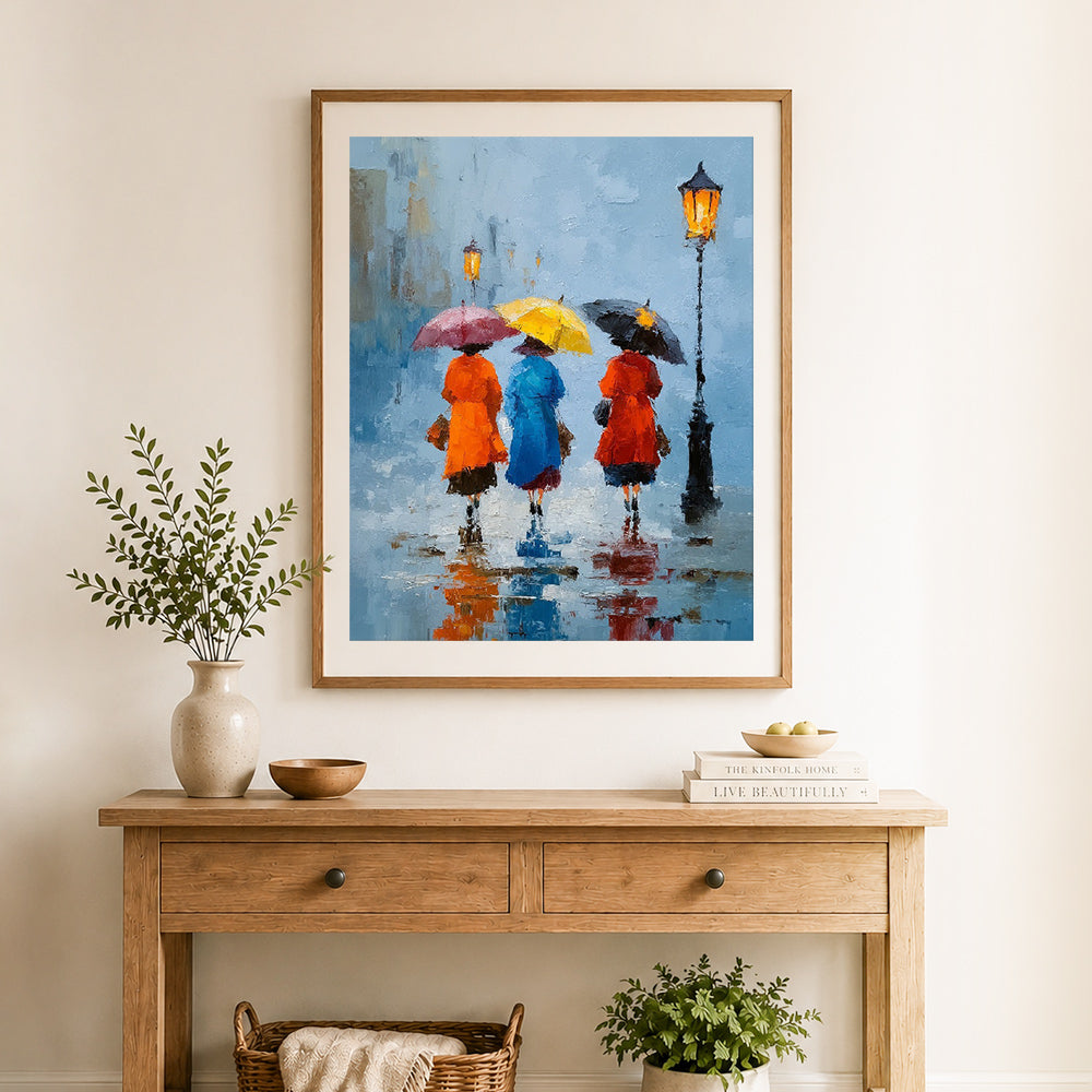 Finished rainy city stroll cross stitch artwork displayed as home decor