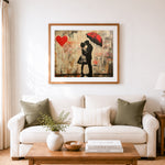 Finished rainy day lovers cross stitch artwork displayed as home decor