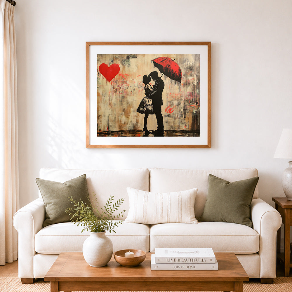 Finished rainy day lovers cross stitch artwork displayed as home decor
