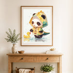 Finished rainy day panda in raincoat cross stitch artwork displayed as home decor