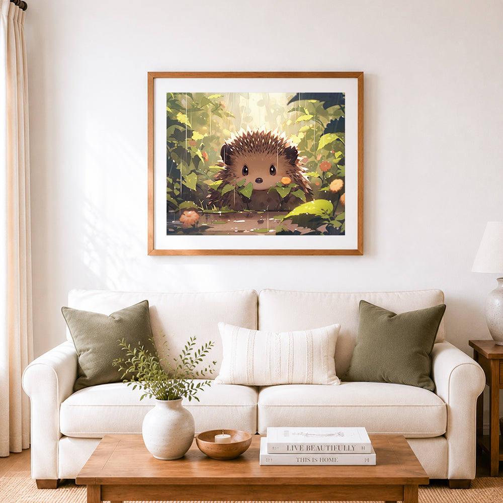Finished rainy forest hedgehog cross stitch artwork displayed as home decor