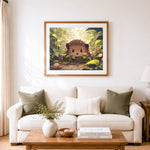 Finished rainy forest hedgehog cross stitch artwork displayed as home decor