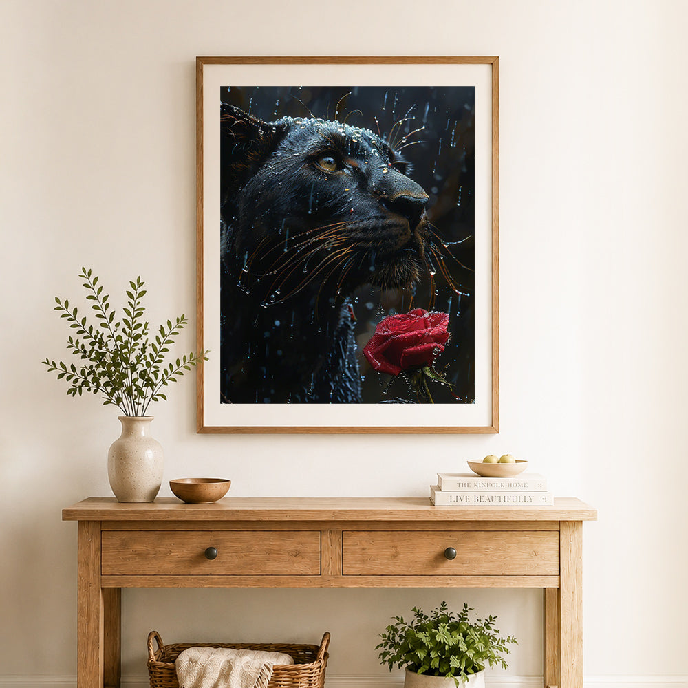 Finished rainy panther with rose cross stitch artwork displayed as home decor