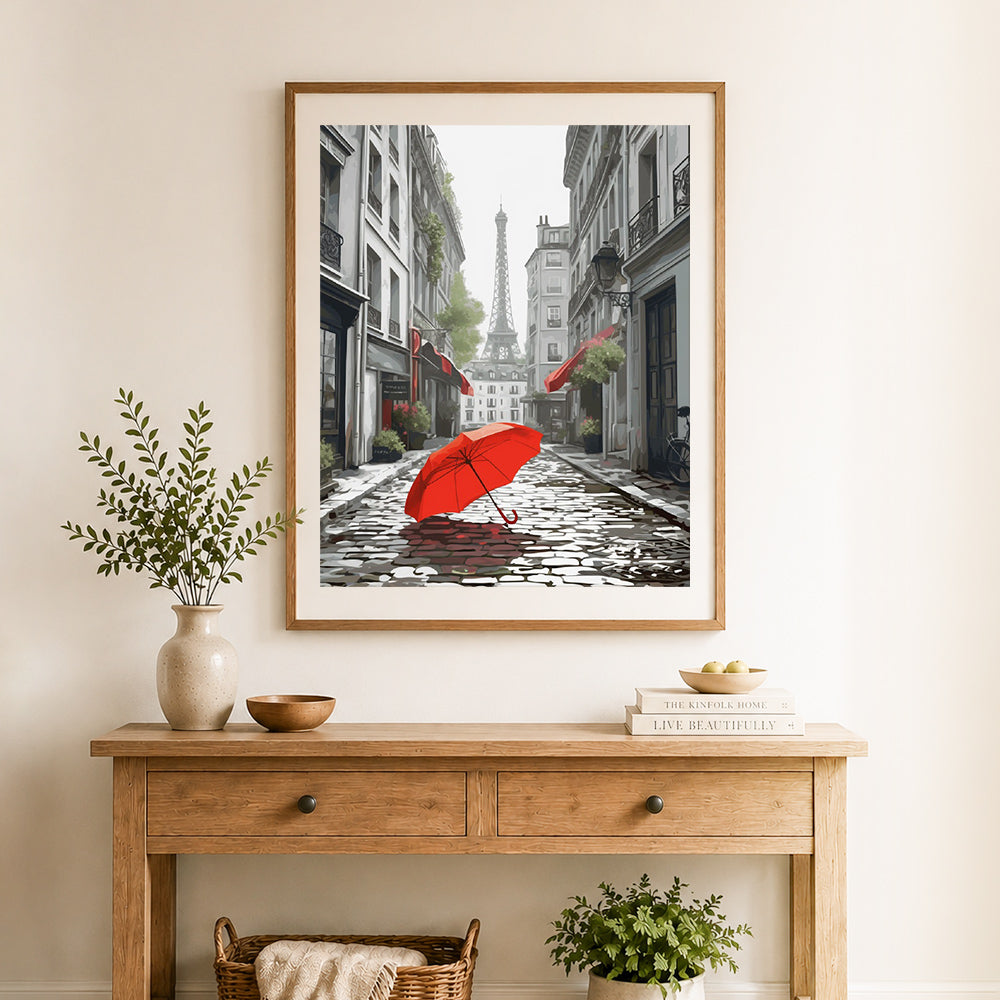 Finished rainy paris alley cross stitch artwork displayed as home decor