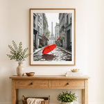 Finished rainy paris alley cross stitch artwork displayed as home decor