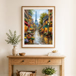 Finished rainy paris street with eiffel tower cross stitch artwork displayed as home decor