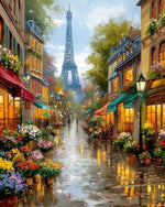 Rainy paris street with eiffel tower cross stitch kit for beginners