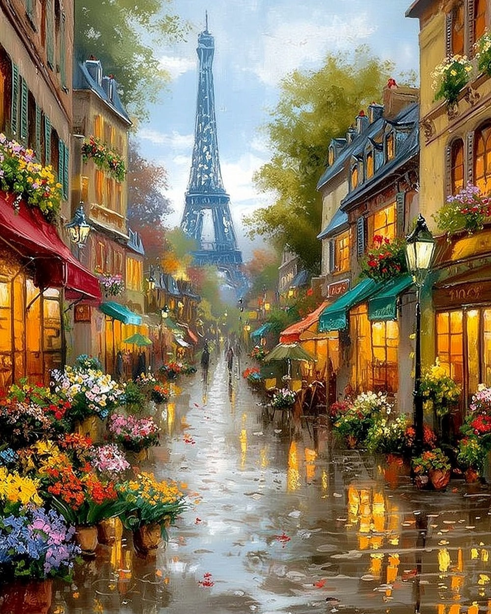 Rainy paris street with eiffel tower cross stitch kit for beginners