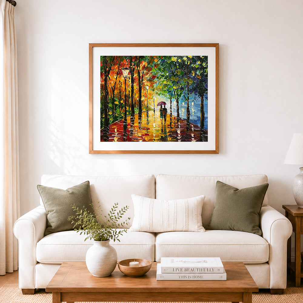 Finished rainy walk by lake cross stitch artwork displayed as home decor