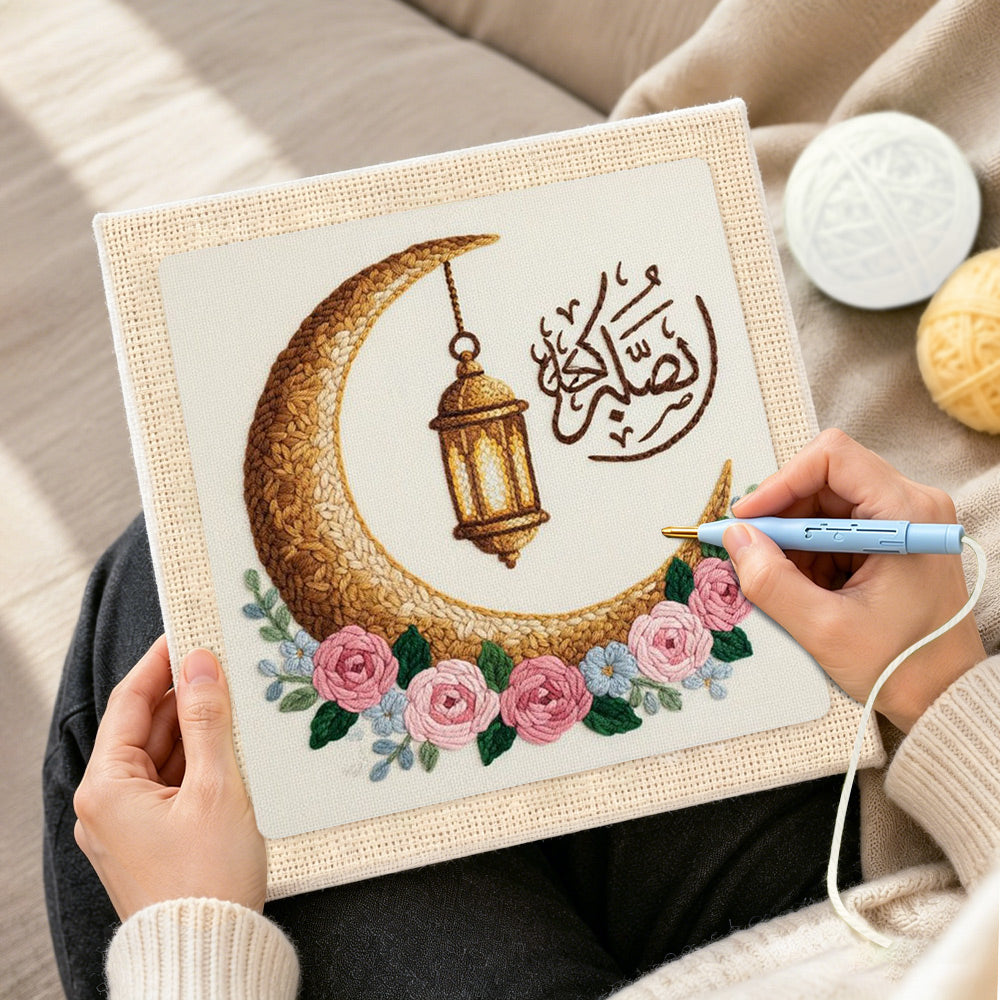 Creating handmade ramadan moon and lantern punch needle artwork