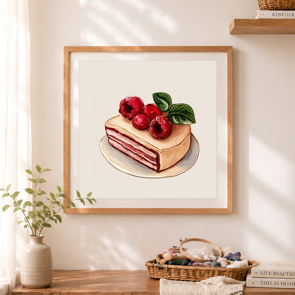 Finished raspberry layer cake cross stitch artwork displayed as home decor