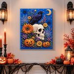 Finished raven and floral skull pearl diamond painting artwork displayed as holiday home decor