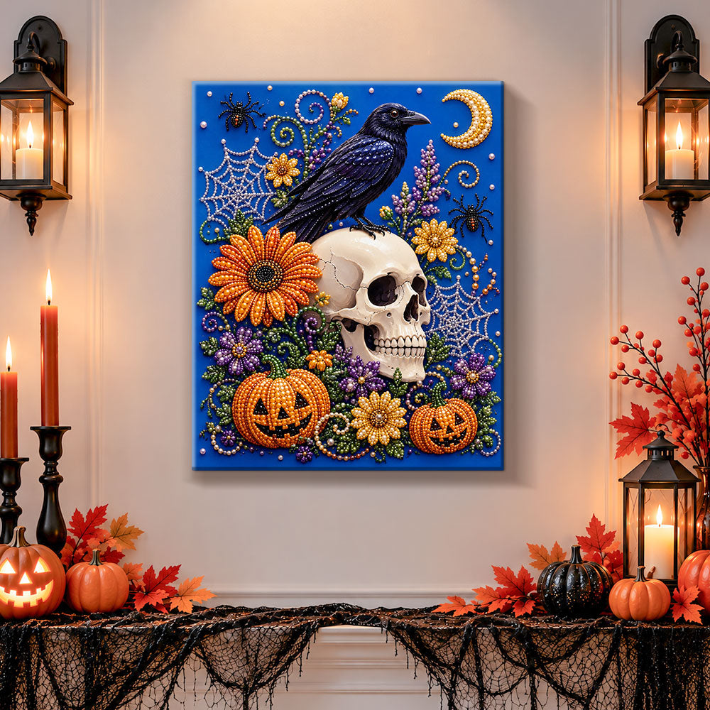 Finished raven and floral skull pearl diamond painting artwork displayed as holiday home decor