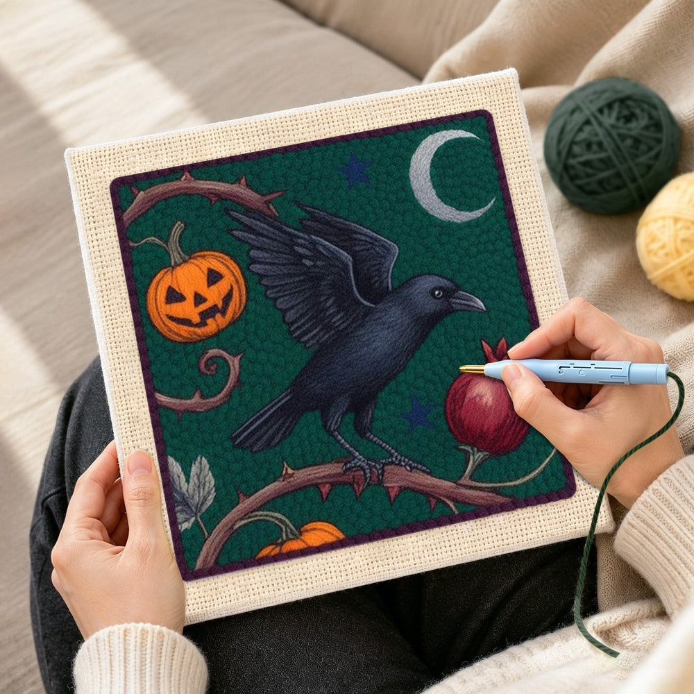 Creating handmade raven and harvest pumpkin punch needle artwork