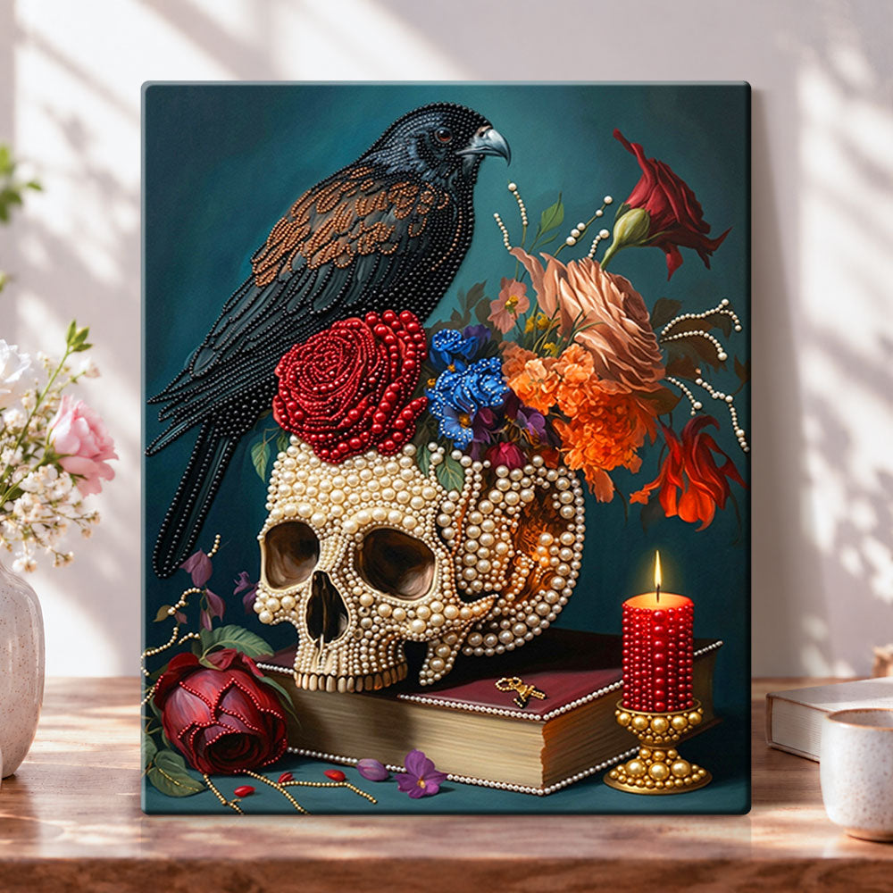 Raven and skull still life pearl diamond painting kit for beginners
